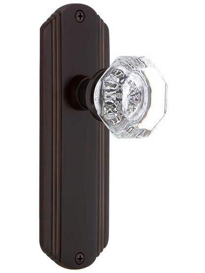 Streamline Deco Door Set with Waldorf Crystal Glass Knobs - No Keyhole in Timeless Bronze.